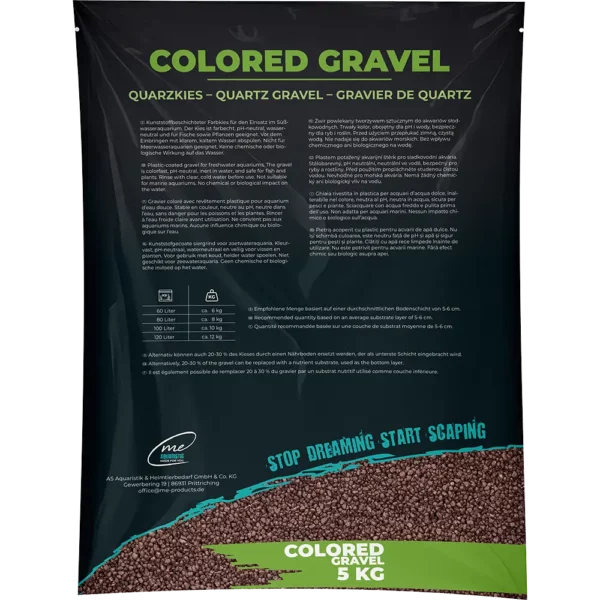 Me Coloured Gravel Mocha Brown 2–3 mm (5 kg) – Warm mocha tone for textured nano layouts.