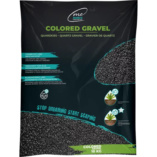 Aspect naturel du substrat avec une granulométrie de 2 à 3 mm : le gravier Noir Obsidien assure une bonne circulation de l’eau dans le substrat.