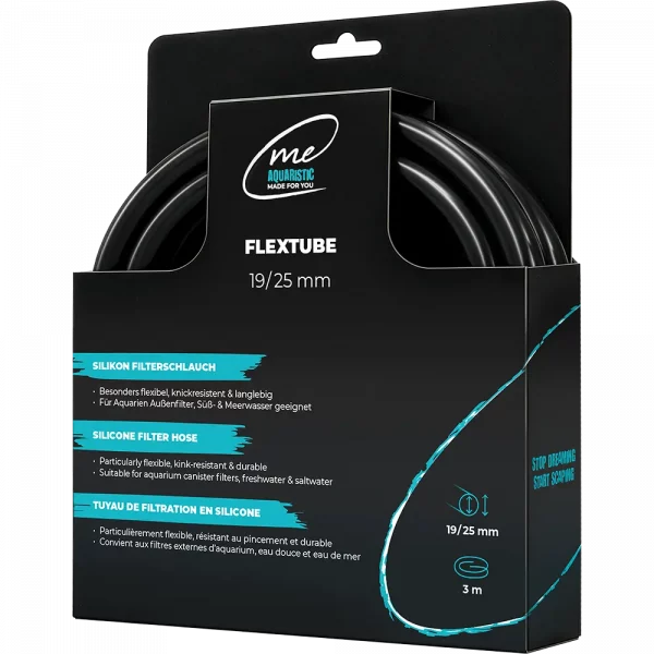 Me FlexTube Filterschlauch 19/25 Schwarz mit den relevanten Komponenten und Anschlussbereichen